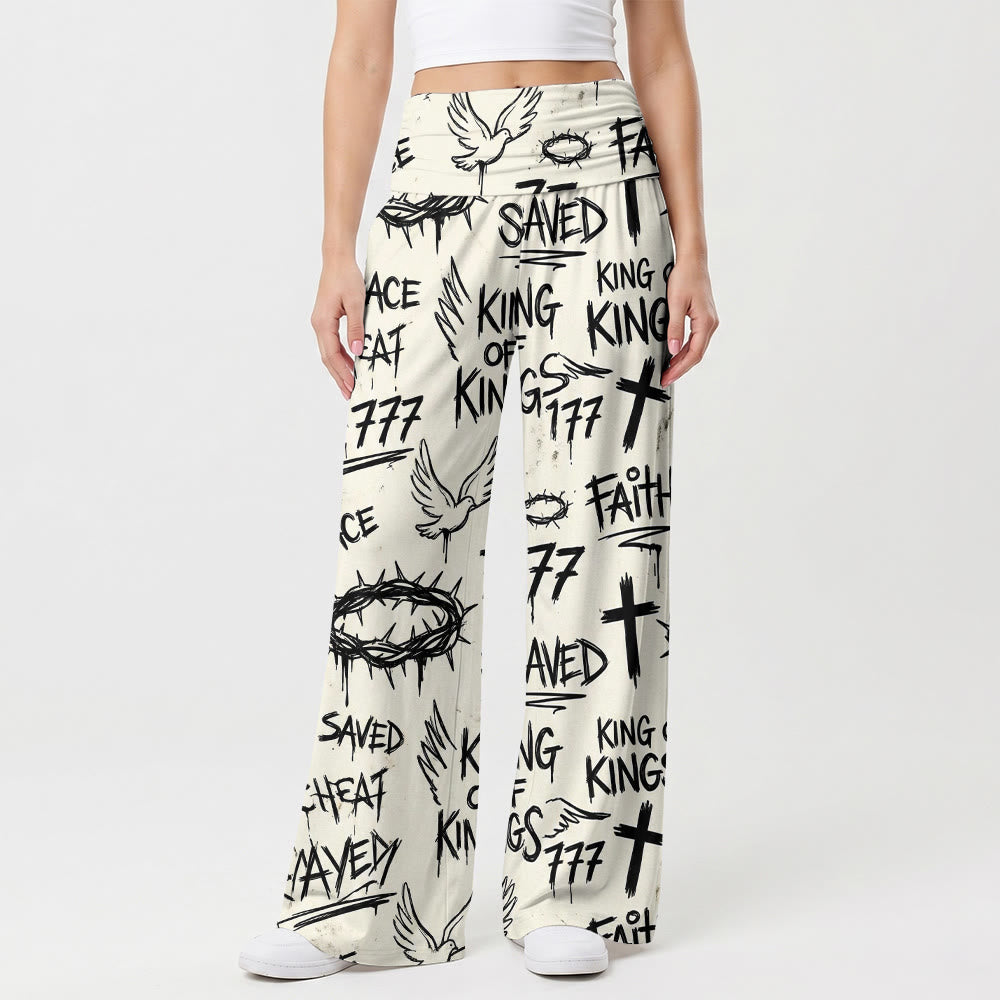 Christianartworkshop Pantalones de pierna ancha de talle alto con estampado integral de corona de espinas, paloma, cruz y texto "Fe salvada". - US22, UK/AU26, EU54 (6XL) - image 0