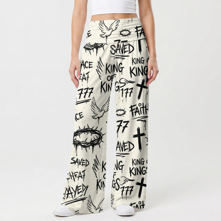 Christianartworkshop Pantalones de pierna ancha de talle alto con estampado integral de corona de espinas, paloma, cruz y texto "Fe salvada". - US22, UK/AU26, EU54 (6XL) - image 0