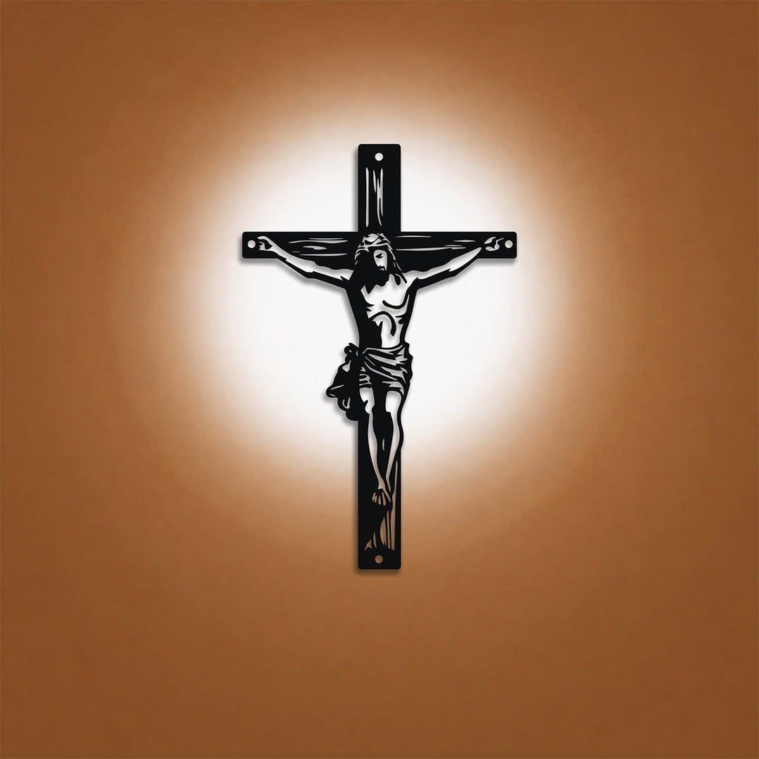 Christianartworkshop Decoración de pared metálica con silueta de crucifijo de Jesús: emblema atemporal de la sagrada gracia redentora. - image 0