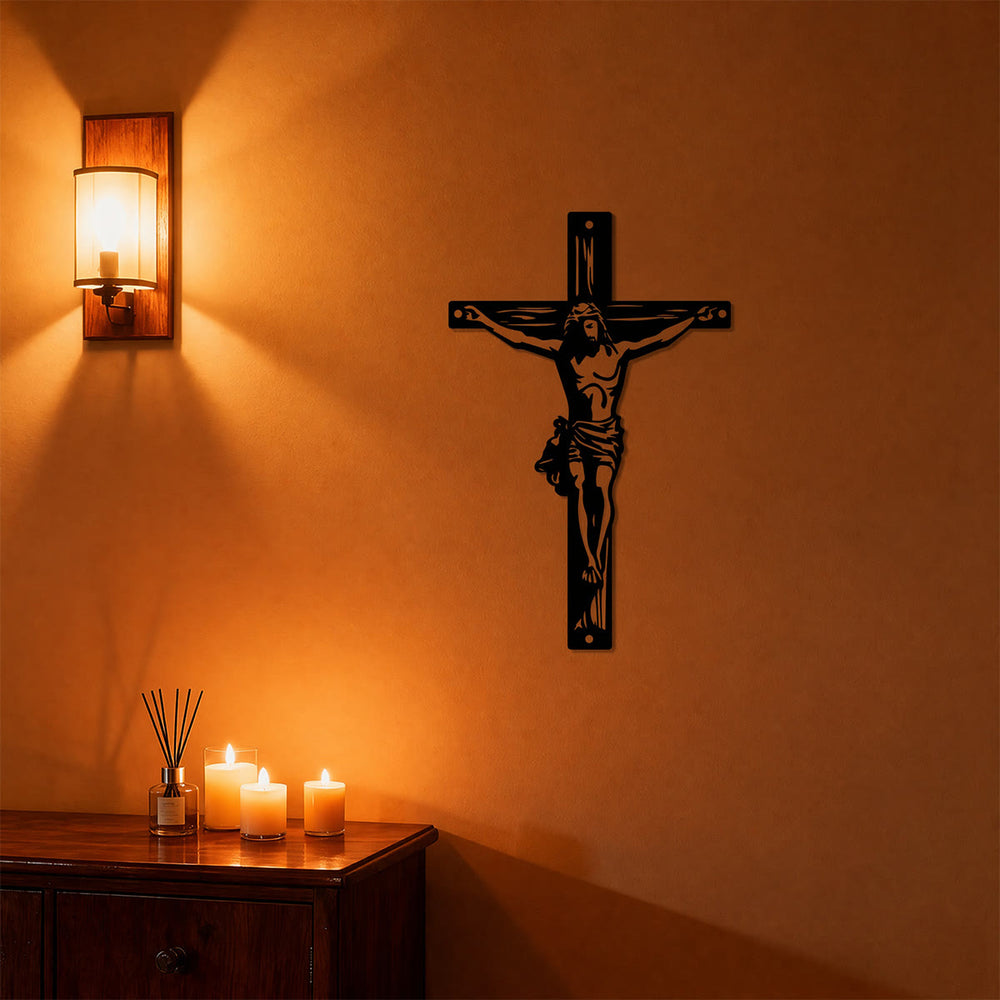 Christianartworkshop Decoración de pared metálica con silueta de crucifijo de Jesús: emblema atemporal de la sagrada gracia redentora. - image 1
