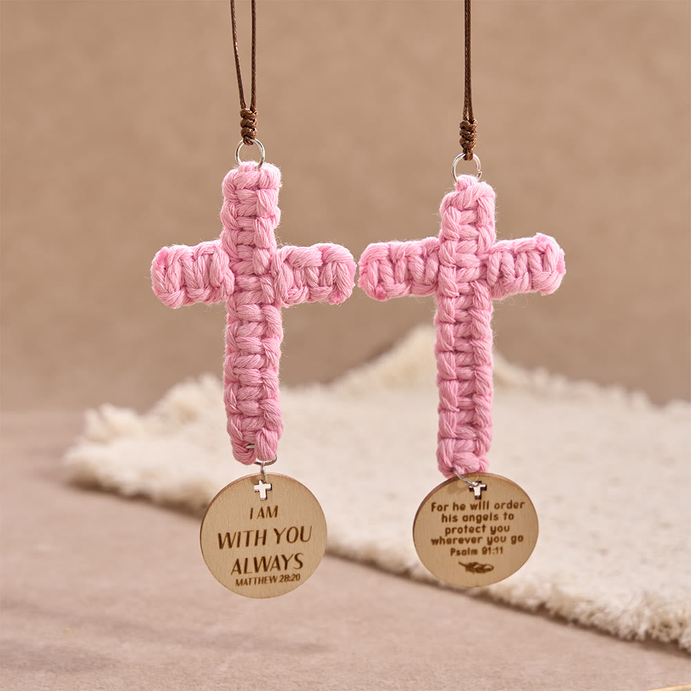 Christianartworkshop Amuleto para coche con cruz de piedra en disco de madera grabado con la cita bíblica de Mateo 28:20: Un recordatorio de la misericordiosa protección divina en cada viaje. - image 9