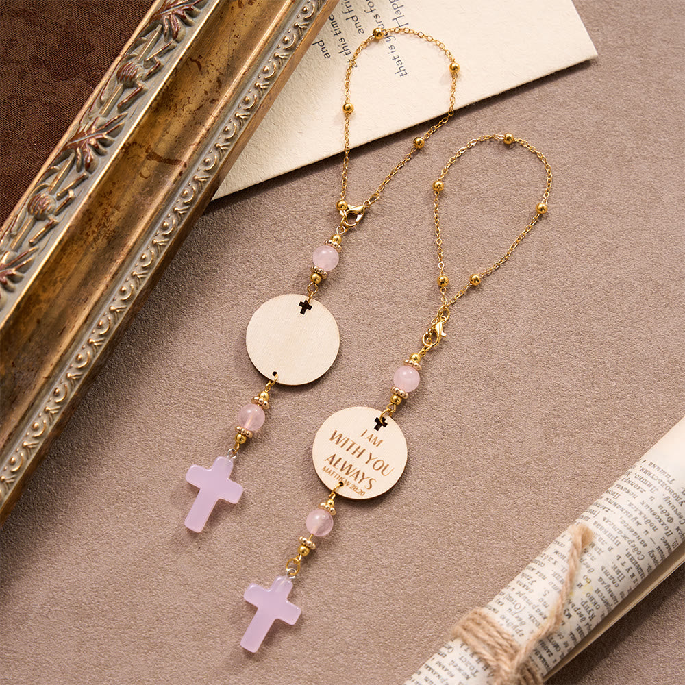 Christianartworkshop Amuleto para coche con cruz de piedra en disco de madera grabado con la cita bíblica de Mateo 28:20: Un recordatorio de la misericordiosa protección divina en cada viaje. - image 1