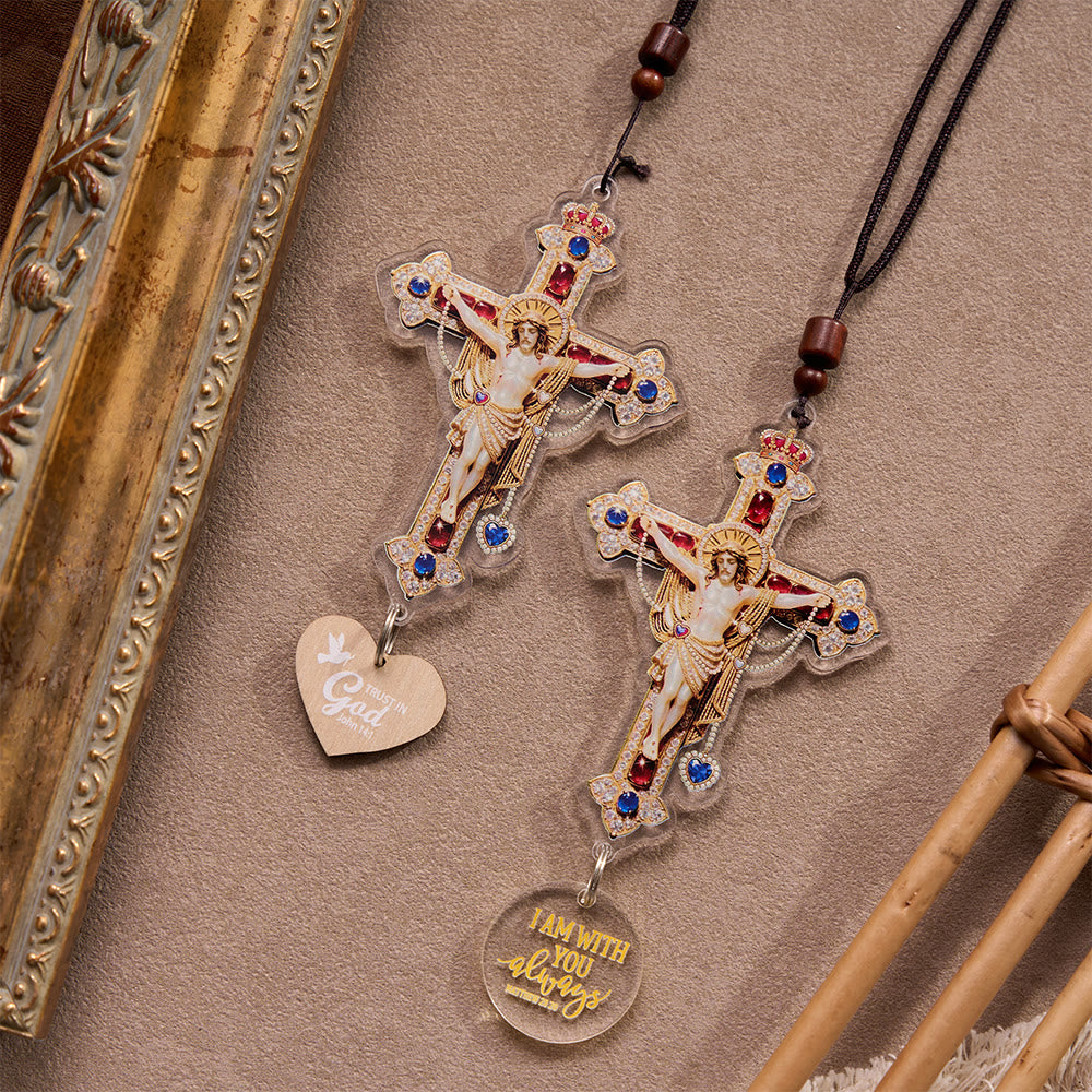 Christianartworkshop Colgante vintage de crucifijo con escritura bíblica y cordón trenzado: Un recordatorio de la misericordiosa protección divina en cada viaje. - image 0