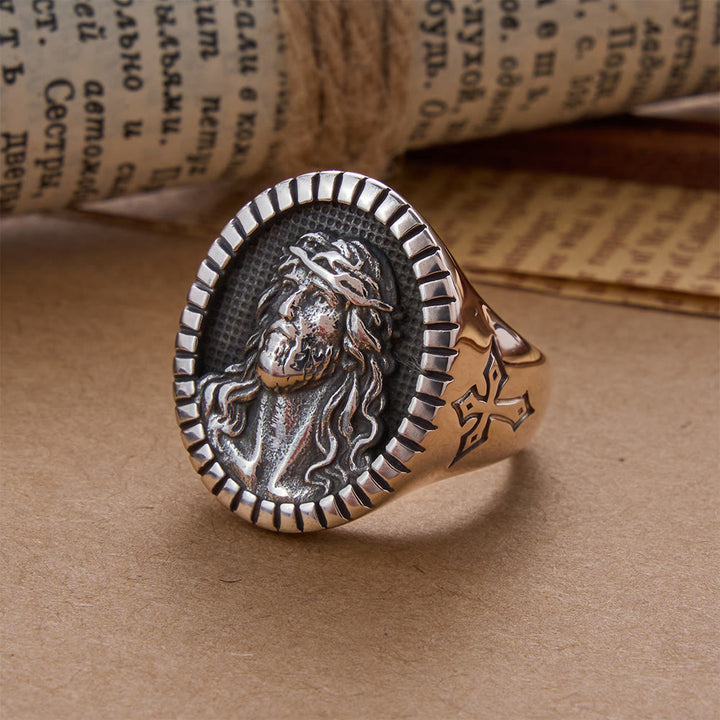 Christianartworkshop Anillo de bendición con cruz y cabeza de Cristo Jesús de estilo antiguo - US 13 - Plata - image 1