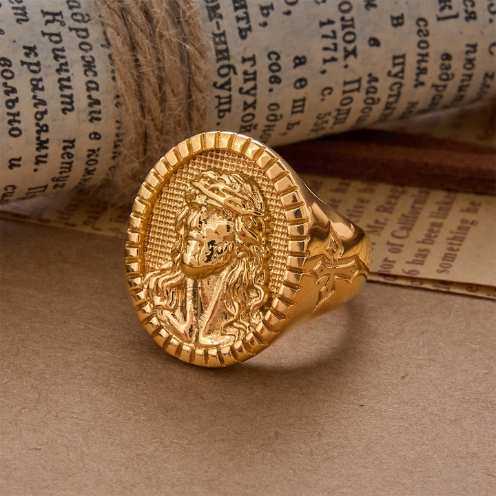 Christianartworkshop Anillo de bendición con cruz y cabeza de Cristo Jesús de estilo antiguo - US 13 - Dorado - image 4