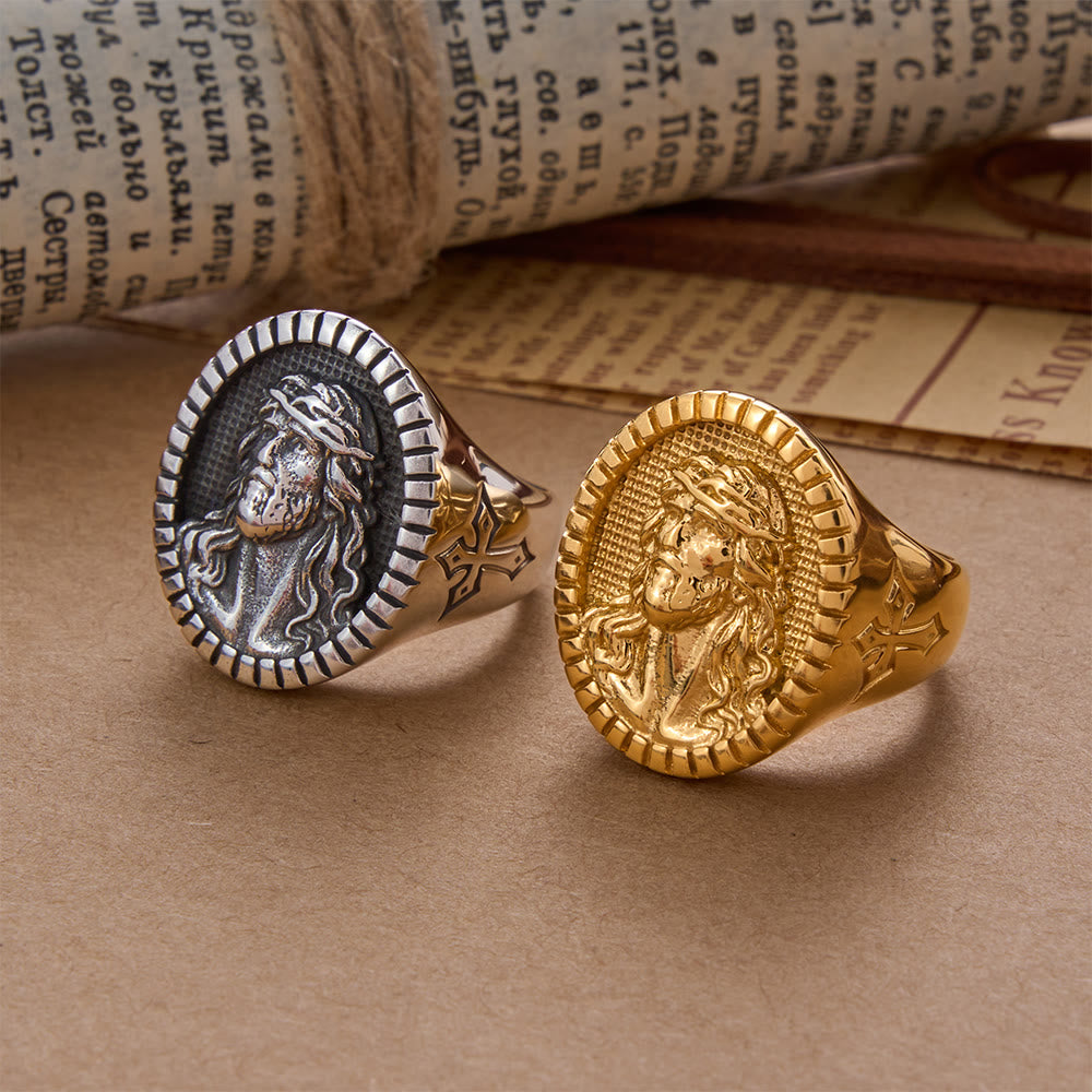 Christianartworkshop Anillo de bendición con cruz y cabeza de Cristo Jesús de estilo antiguo - image 0