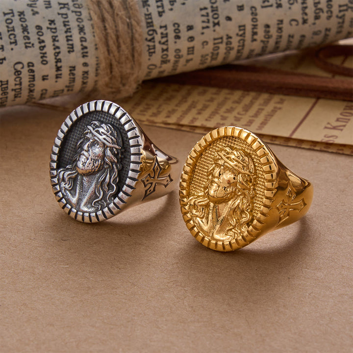 Christianartworkshop Anillo de bendición con cruz y cabeza de Cristo Jesús de estilo antiguo - image 0