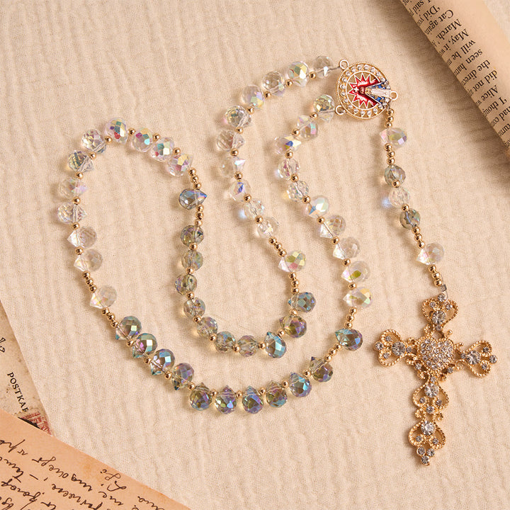 Christianartworkshop Rosario de cristal iridiscente degradado en forma de lágrima con cruz dorada enjoyada y medallón de Nuestra Señora de Aparecida. - image 3