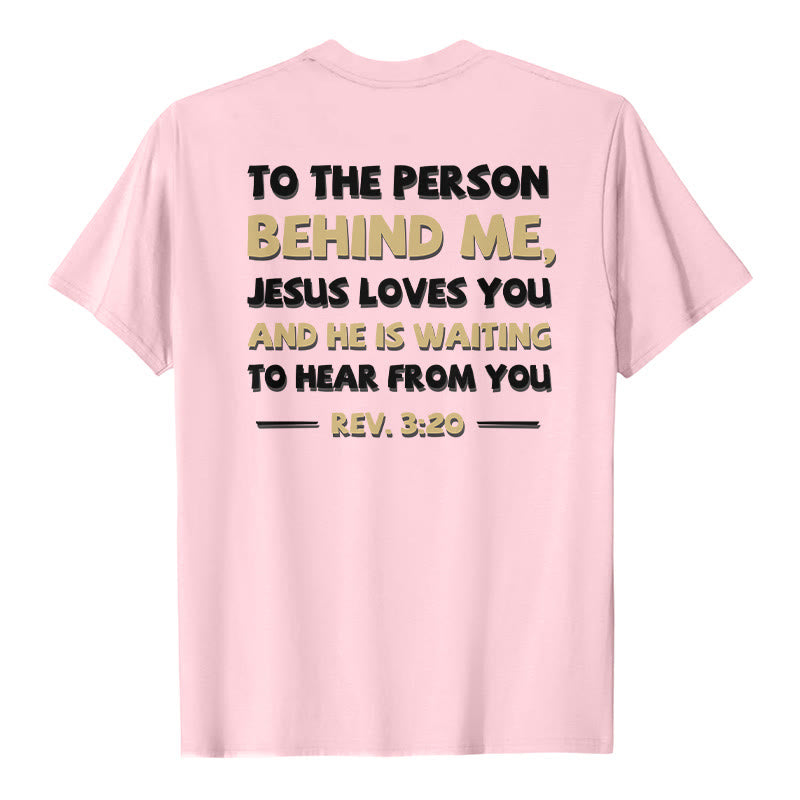 Christianartworkshop Camiseta casual clásica con estampado bicolor a doble cara de la Escritura Apocalipsis 3:20. - Rosa - 2XL - image 0