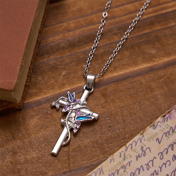 Christianartworkshop Collar con colgante de cruz fina envuelta en esmalte de colibrí hecho a mano: emblema de la dulce bendición celestial. - Cruce de colibrí - image 0