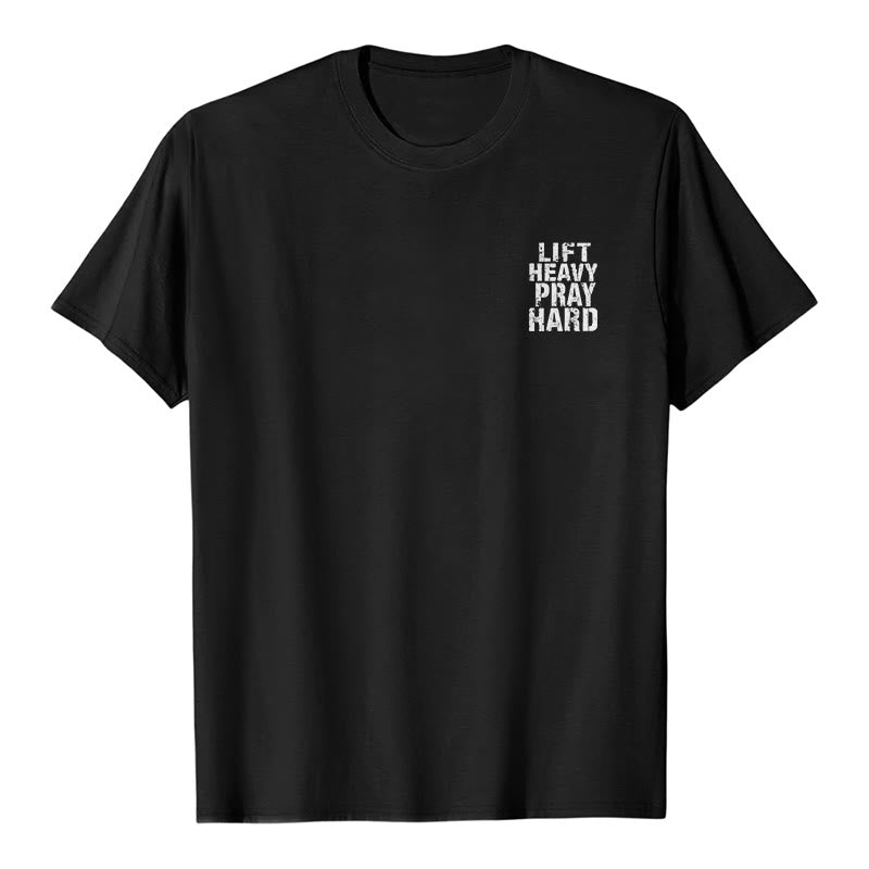 Christianartworkshop Camiseta clásica con estampado de letras desgastadas y la frase "Heavy Pray Hard" (Levanta mucho por ambos lados). - image 17
