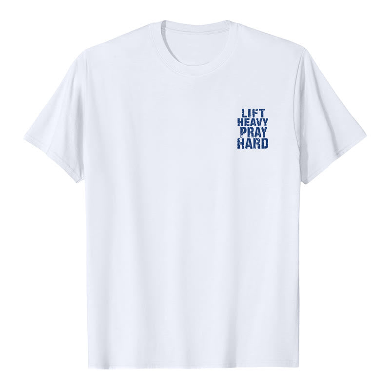 Christianartworkshop Camiseta clásica con estampado de letras desgastadas y la frase "Heavy Pray Hard" (Levanta mucho por ambos lados). - image 5