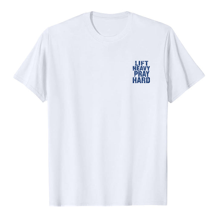 Christianartworkshop Camiseta clásica con estampado de letras desgastadas y la frase "Heavy Pray Hard" (Levanta mucho por ambos lados). - image 5