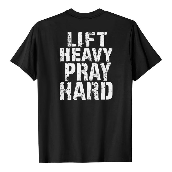 Christianartworkshop Camiseta clásica con estampado de letras desgastadas y la frase "Heavy Pray Hard" (Levanta mucho por ambos lados). - Negro - 2XL - image 15