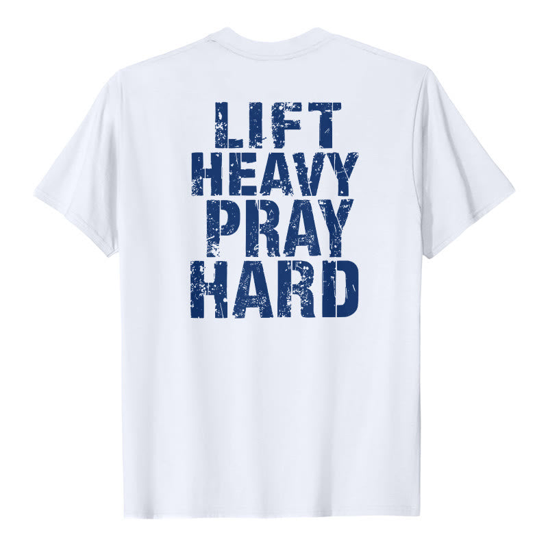 Christianartworkshop Camiseta clásica con estampado de letras desgastadas y la frase "Heavy Pray Hard" (Levanta mucho por ambos lados). - Blanco - 2XL - image 3