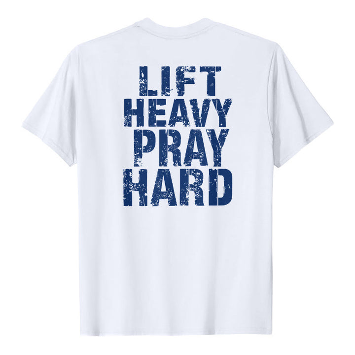 Christianartworkshop Camiseta clásica con estampado de letras desgastadas y la frase "Heavy Pray Hard" (Levanta mucho por ambos lados). - Blanco - 2XL - image 3