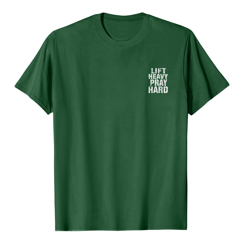 Christianartworkshop Camiseta clásica con estampado de letras desgastadas y la frase "Heavy Pray Hard" (Levanta mucho por ambos lados). - image 14