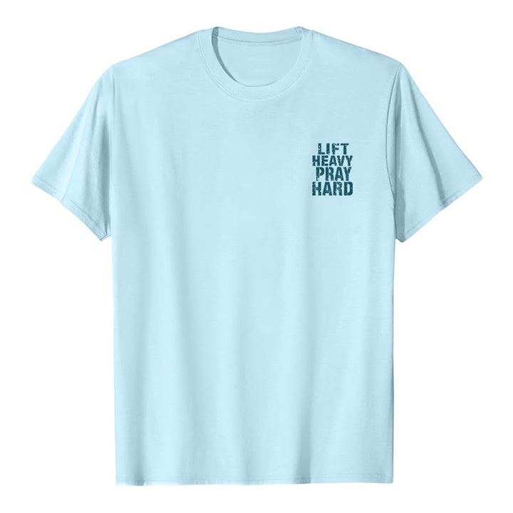 Christianartworkshop Camiseta clásica con estampado de letras desgastadas y la frase "Heavy Pray Hard" (Levanta mucho por ambos lados). - image 20
