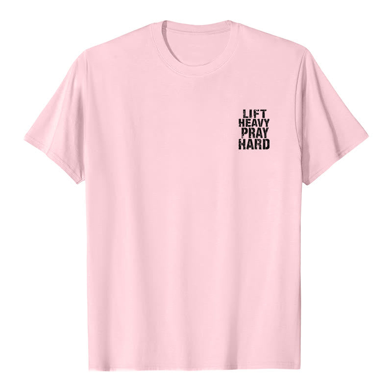 Christianartworkshop Camiseta clásica con estampado de letras desgastadas y la frase "Heavy Pray Hard" (Levanta mucho por ambos lados). - image 2