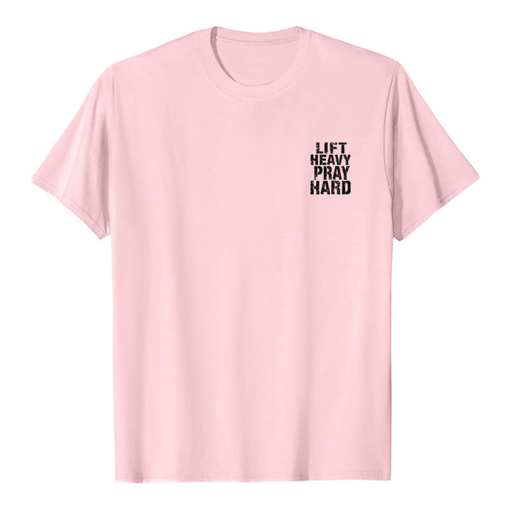 Christianartworkshop Camiseta clásica con estampado de letras desgastadas y la frase "Heavy Pray Hard" (Levanta mucho por ambos lados). - image 2