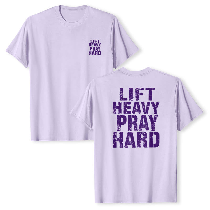 Christianartworkshop Camiseta clásica con estampado de letras desgastadas y la frase "Heavy Pray Hard" (Levanta mucho por ambos lados). - image 22