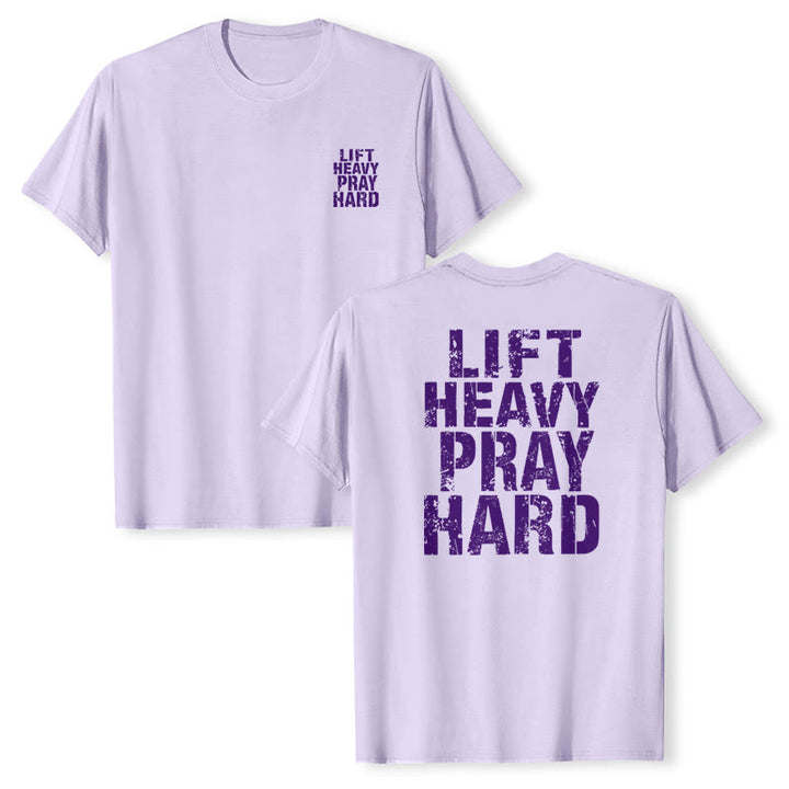 Christianartworkshop Camiseta clásica con estampado de letras desgastadas y la frase "Heavy Pray Hard" (Levanta mucho por ambos lados). - image 22