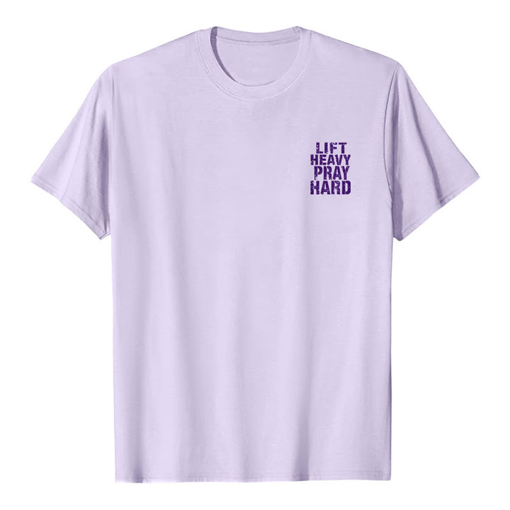 Christianartworkshop Camiseta clásica con estampado de letras desgastadas y la frase "Heavy Pray Hard" (Levanta mucho por ambos lados). - image 23