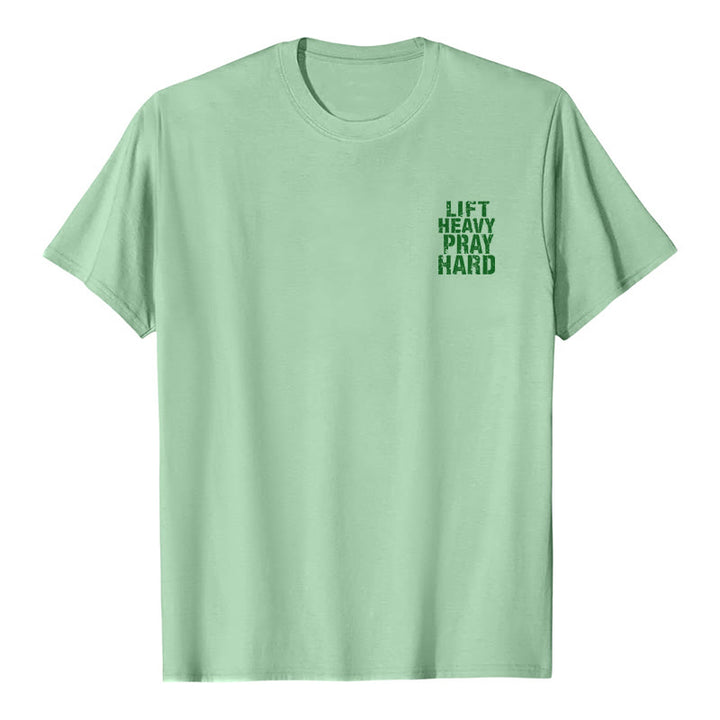 Christianartworkshop Camiseta clásica con estampado de letras desgastadas y la frase "Heavy Pray Hard" (Levanta mucho por ambos lados). - image 26