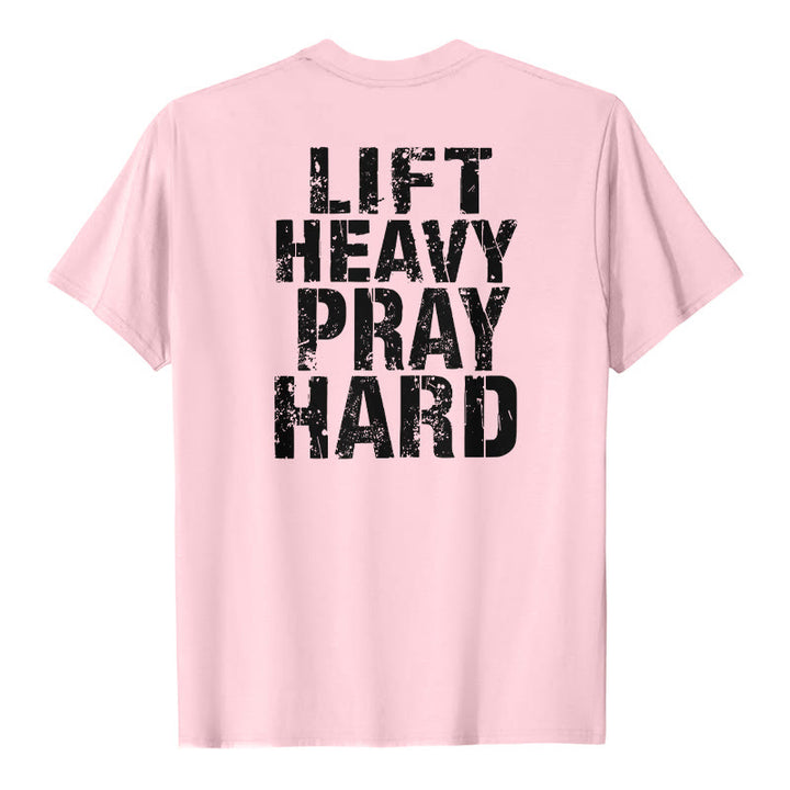 Christianartworkshop Camiseta clásica con estampado de letras desgastadas y la frase "Heavy Pray Hard" (Levanta mucho por ambos lados). - Rosa - 2XL - image 0