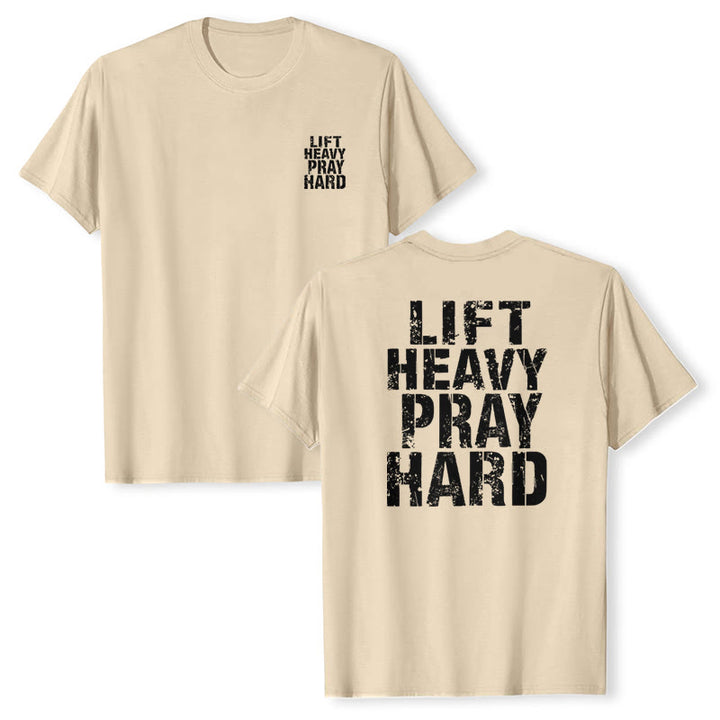Christianartworkshop Camiseta clásica con estampado de letras desgastadas y la frase "Heavy Pray Hard" (Levanta mucho por ambos lados). - image 7