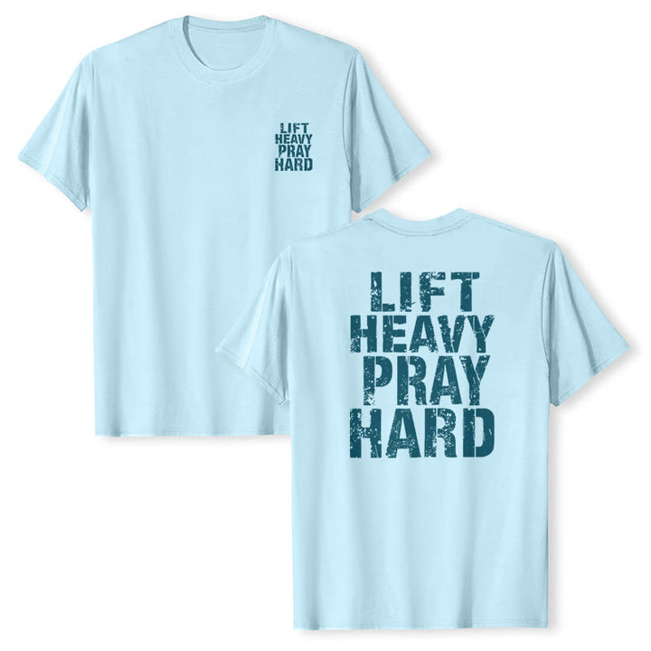 Christianartworkshop Camiseta clásica con estampado de letras desgastadas y la frase "Heavy Pray Hard" (Levanta mucho por ambos lados). - image 19