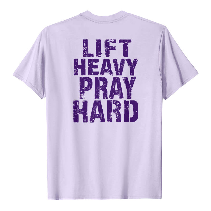 Christianartworkshop Camiseta clásica con estampado de letras desgastadas y la frase "Heavy Pray Hard" (Levanta mucho por ambos lados). - Púrpura - 2XL - image 21