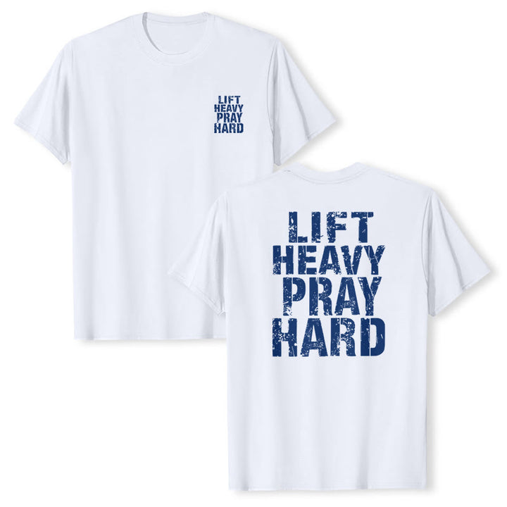 Christianartworkshop Camiseta clásica con estampado de letras desgastadas y la frase "Heavy Pray Hard" (Levanta mucho por ambos lados). - image 4