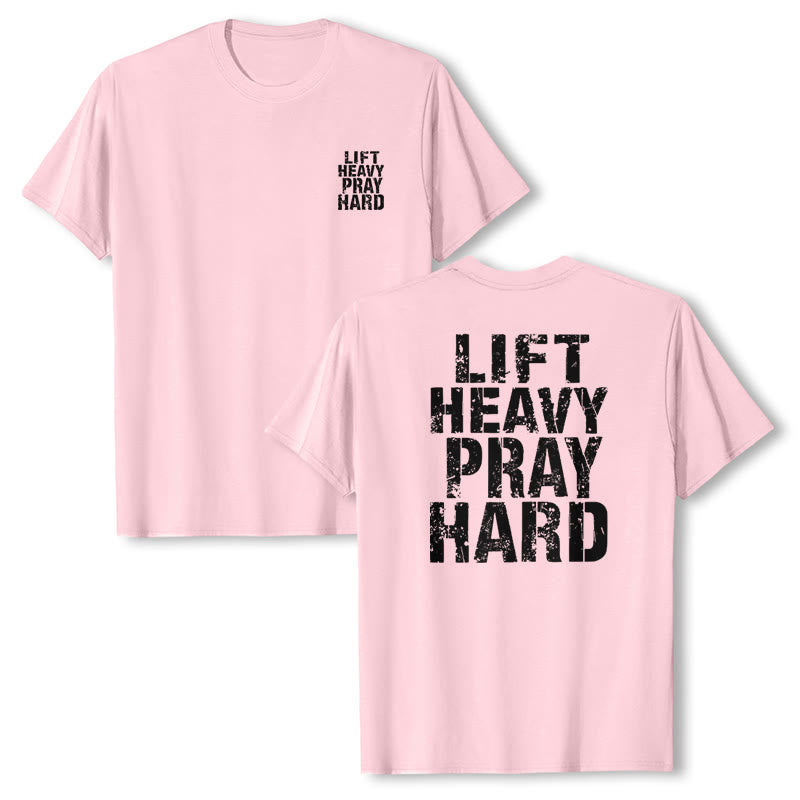 Christianartworkshop Camiseta clásica con estampado de letras desgastadas y la frase "Heavy Pray Hard" (Levanta mucho por ambos lados). - image 1