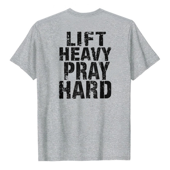 Christianartworkshop Camiseta clásica con estampado de letras desgastadas y la frase "Heavy Pray Hard" (Levanta mucho por ambos lados). - Gris - 2XL - image 9