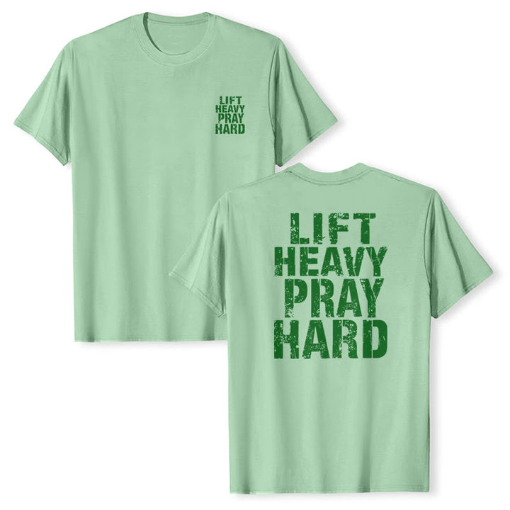 Christianartworkshop Camiseta clásica con estampado de letras desgastadas y la frase "Heavy Pray Hard" (Levanta mucho por ambos lados). - image 25