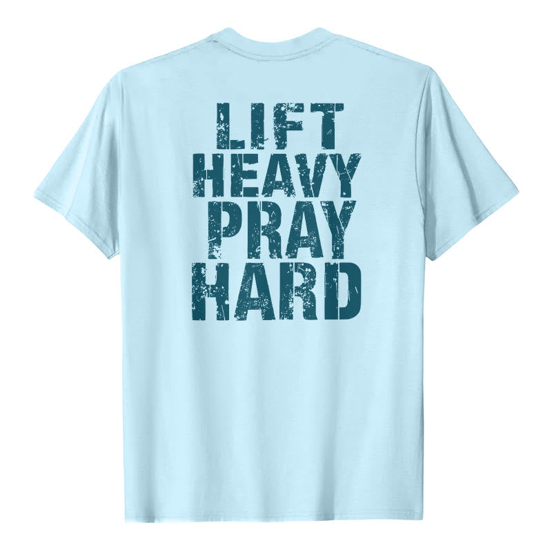 Christianartworkshop Camiseta clásica con estampado de letras desgastadas y la frase "Heavy Pray Hard" (Levanta mucho por ambos lados). - Azul - 2XL - image 18