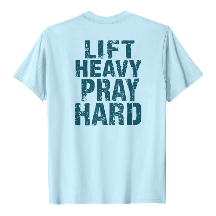 Christianartworkshop Camiseta clásica con estampado de letras desgastadas y la frase "Heavy Pray Hard" (Levanta mucho por ambos lados). - Azul - 2XL - image 18