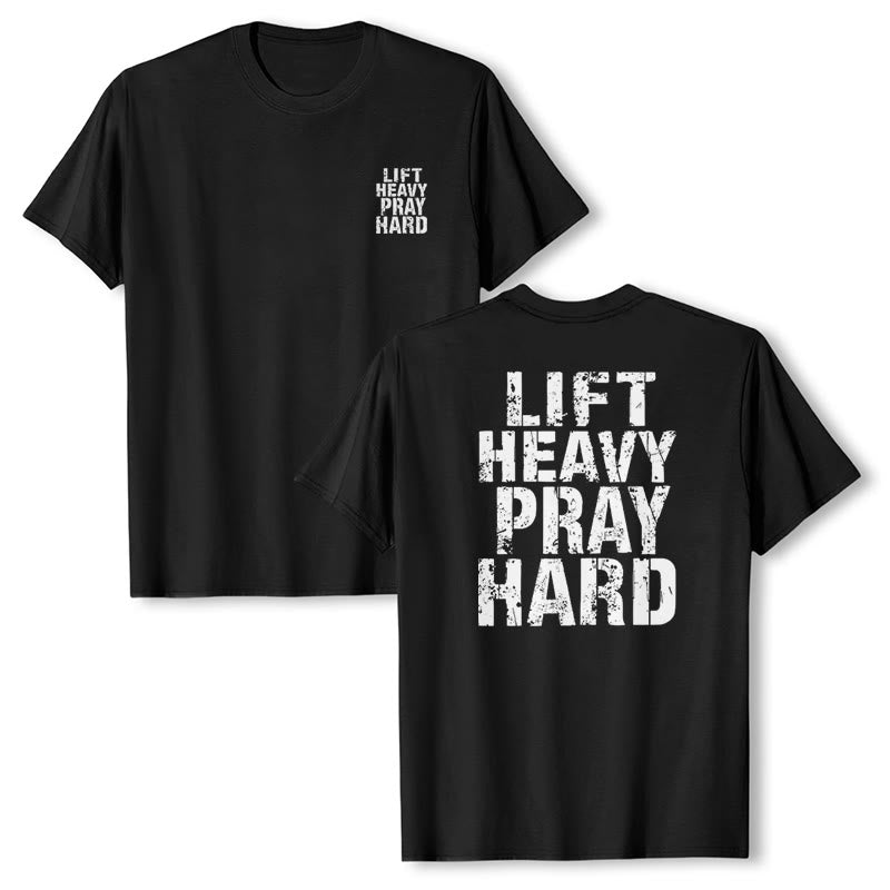 Christianartworkshop Camiseta clásica con estampado de letras desgastadas y la frase "Heavy Pray Hard" (Levanta mucho por ambos lados). - image 16