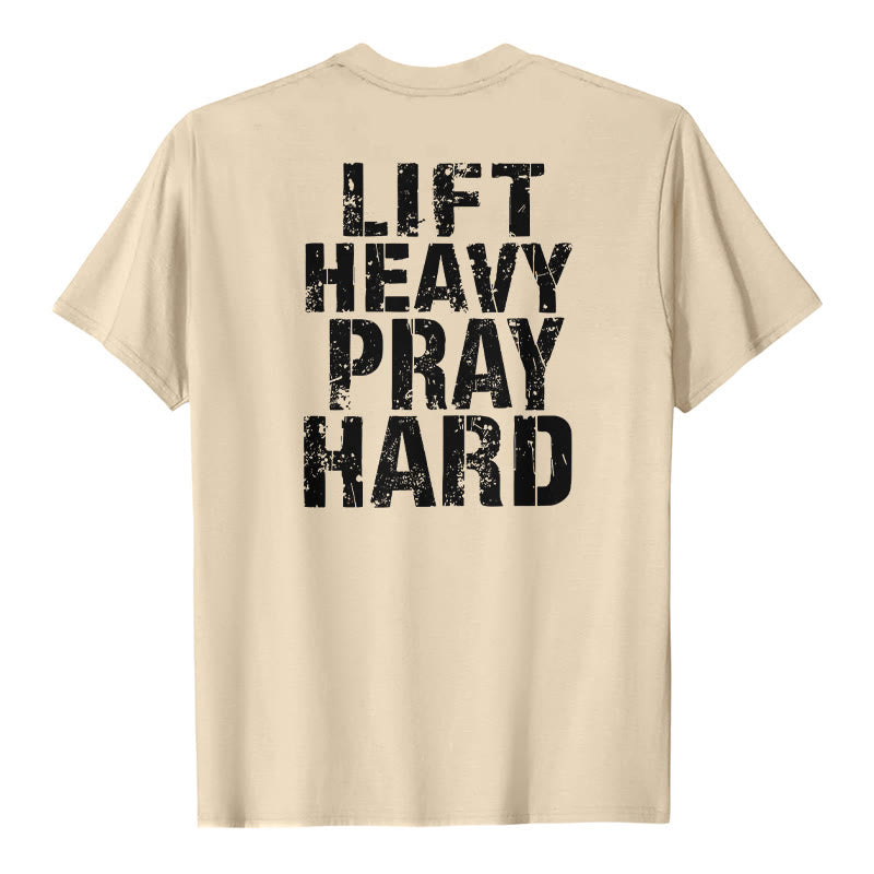 Christianartworkshop Camiseta clásica con estampado de letras desgastadas y la frase "Heavy Pray Hard" (Levanta mucho por ambos lados). - Beige - 2XL - image 6