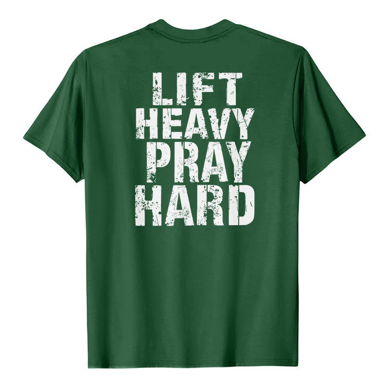 Christianartworkshop Camiseta clásica con estampado de letras desgastadas y la frase "Heavy Pray Hard" (Levanta mucho por ambos lados). - Verde oscuro - 2XL - image 12