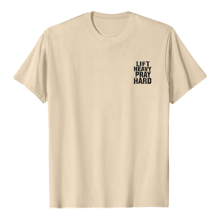 Christianartworkshop Camiseta clásica con estampado de letras desgastadas y la frase "Heavy Pray Hard" (Levanta mucho por ambos lados). - image 8
