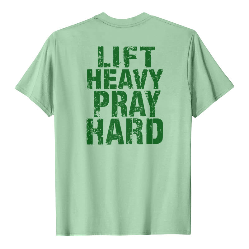 Christianartworkshop Camiseta clásica con estampado de letras desgastadas y la frase "Heavy Pray Hard" (Levanta mucho por ambos lados). - Verde claro - 2XL - image 24
