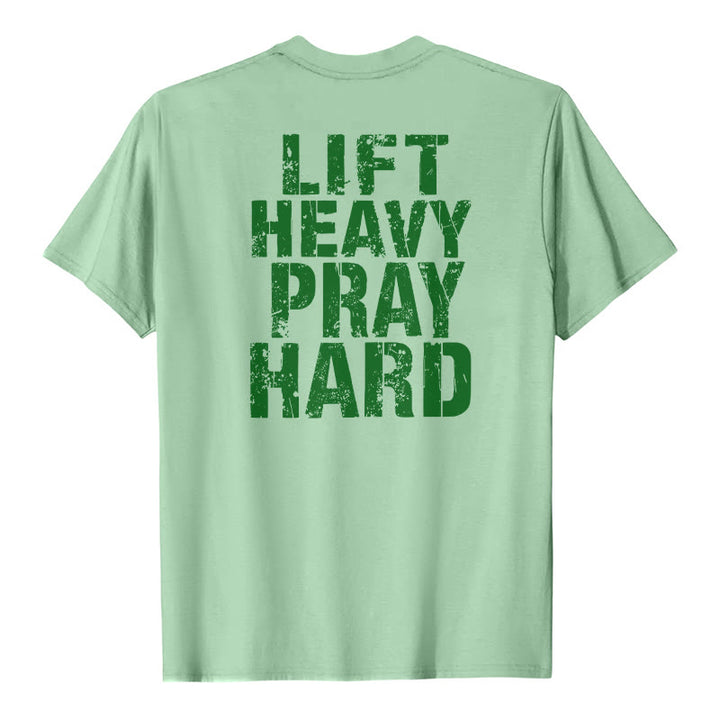 Christianartworkshop Camiseta clásica con estampado de letras desgastadas y la frase "Heavy Pray Hard" (Levanta mucho por ambos lados). - Verde claro - 2XL - image 24