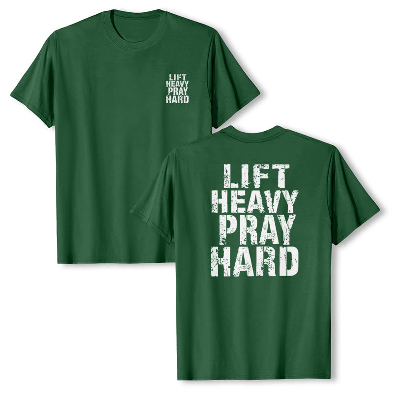 Christianartworkshop Camiseta clásica con estampado de letras desgastadas y la frase "Heavy Pray Hard" (Levanta mucho por ambos lados). - image 13