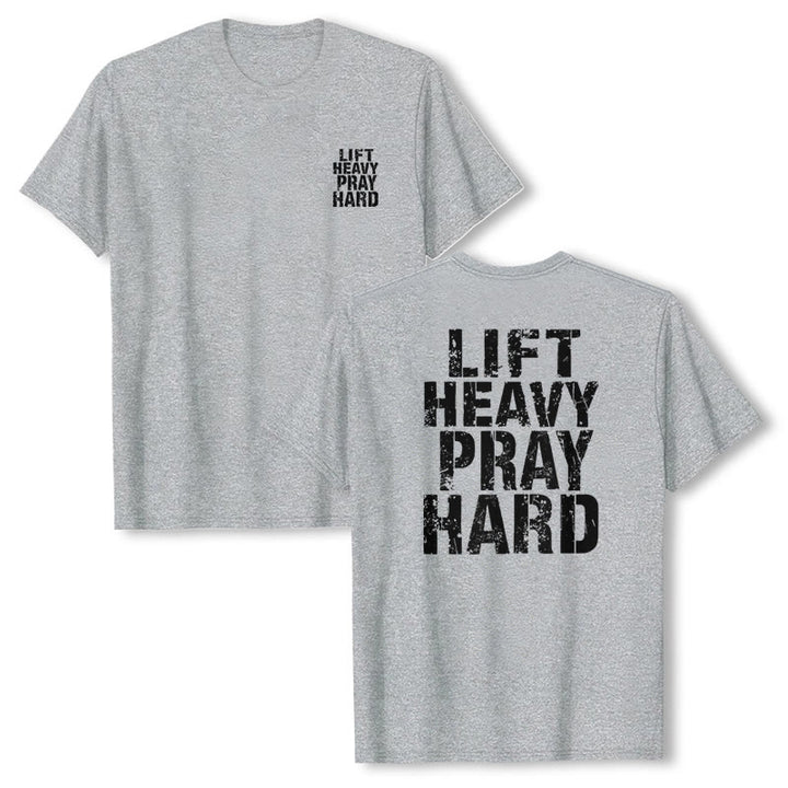 Christianartworkshop Camiseta clásica con estampado de letras desgastadas y la frase "Heavy Pray Hard" (Levanta mucho por ambos lados). - image 10