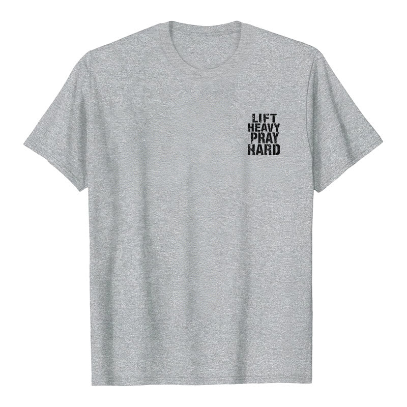 Christianartworkshop Camiseta clásica con estampado de letras desgastadas y la frase "Heavy Pray Hard" (Levanta mucho por ambos lados). - image 11