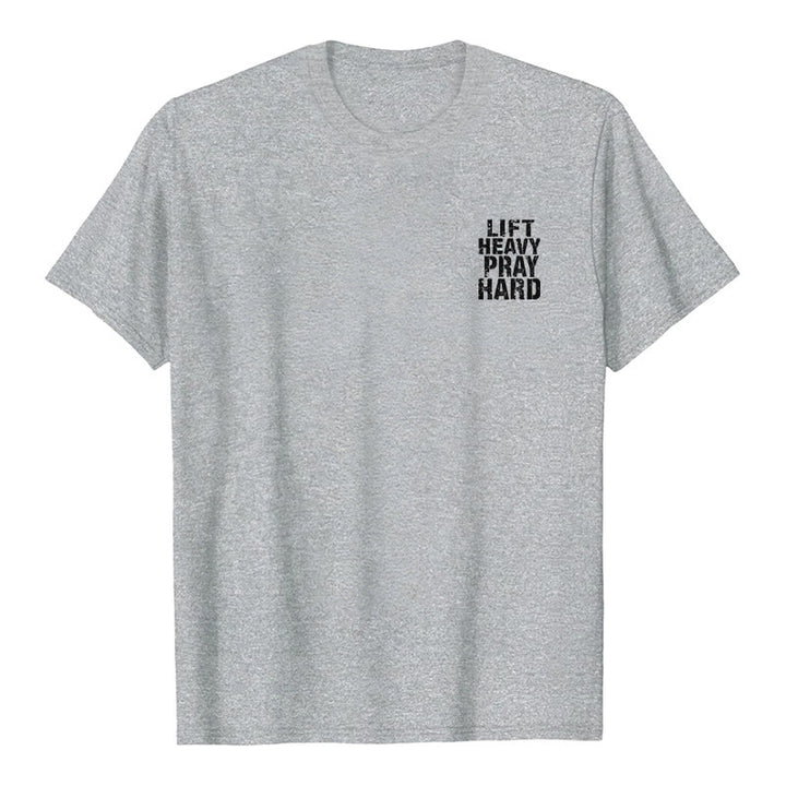 Christianartworkshop Camiseta clásica con estampado de letras desgastadas y la frase "Heavy Pray Hard" (Levanta mucho por ambos lados). - image 11