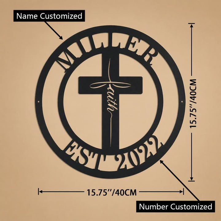 Christianartworkshop Cruz de fe circular decorativa de metal con nombre y año personalizados: símbolo de la gracia compartida de la familia. - Nombre y número personalizados - 15,75''*15,75''*0,04''/40*40*0,1 cm - image 8