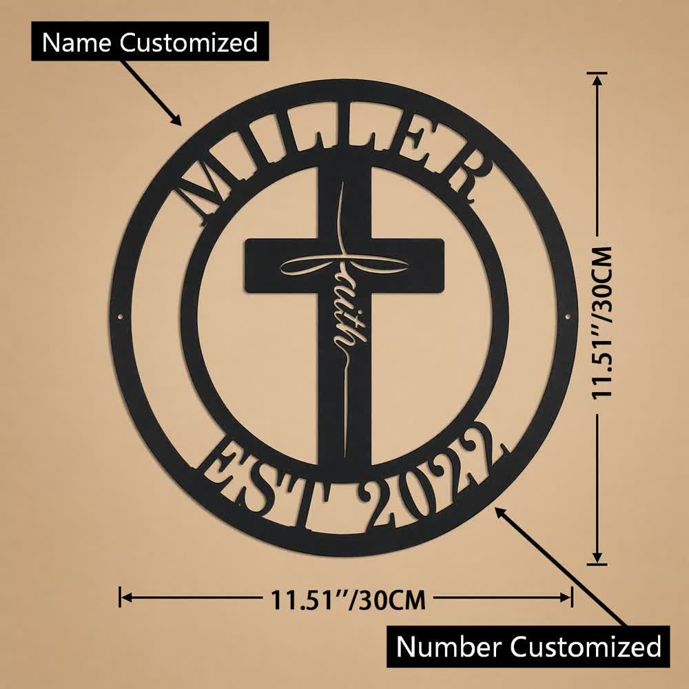 Christianartworkshop Cruz de fe circular decorativa de metal con nombre y año personalizados: símbolo de la gracia compartida de la familia. - Nombre y número personalizados - 11,81''*11,81''*0,04''/30*30*0,1 cm - image 9